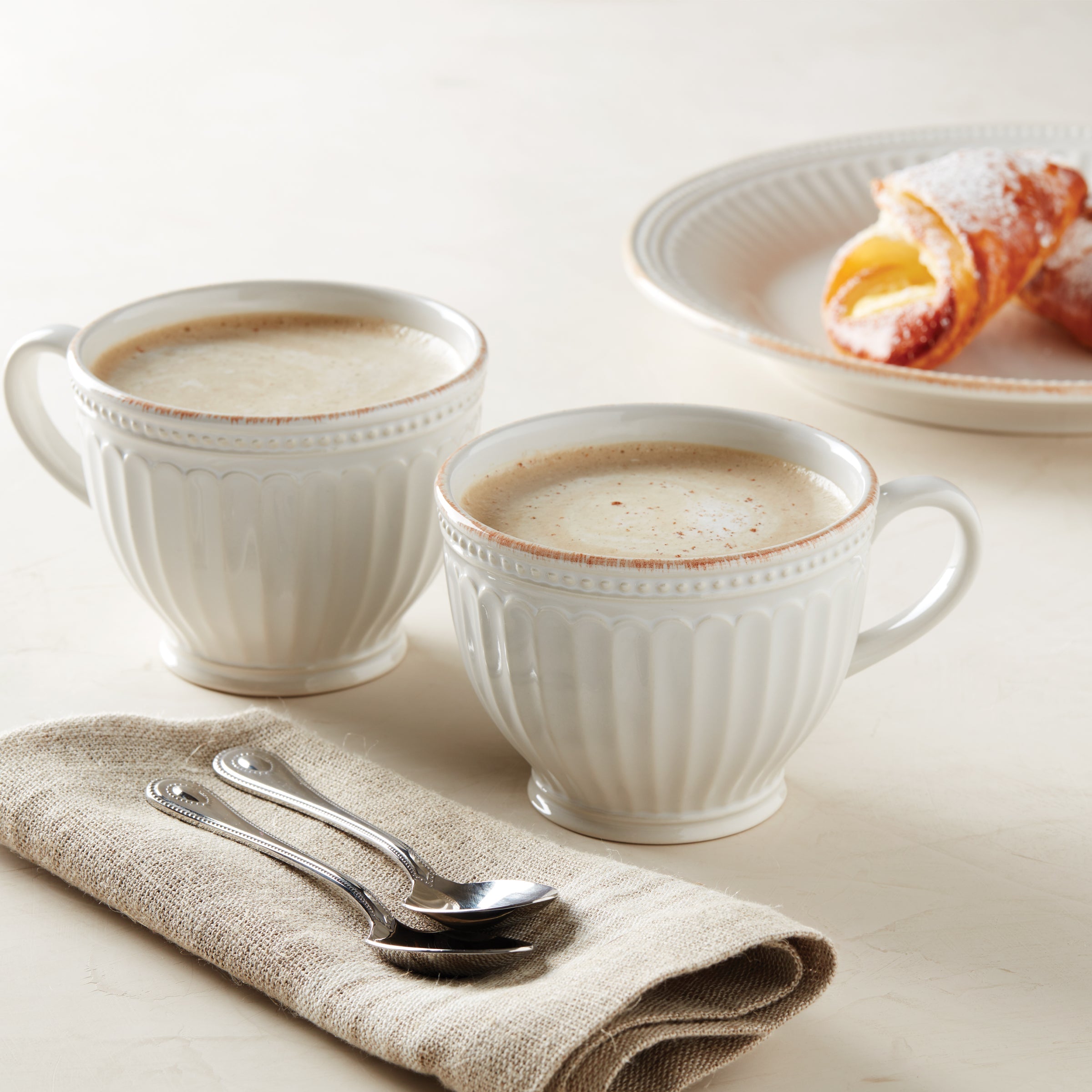 French Perle Groove White Latte Mugs - Set of 2